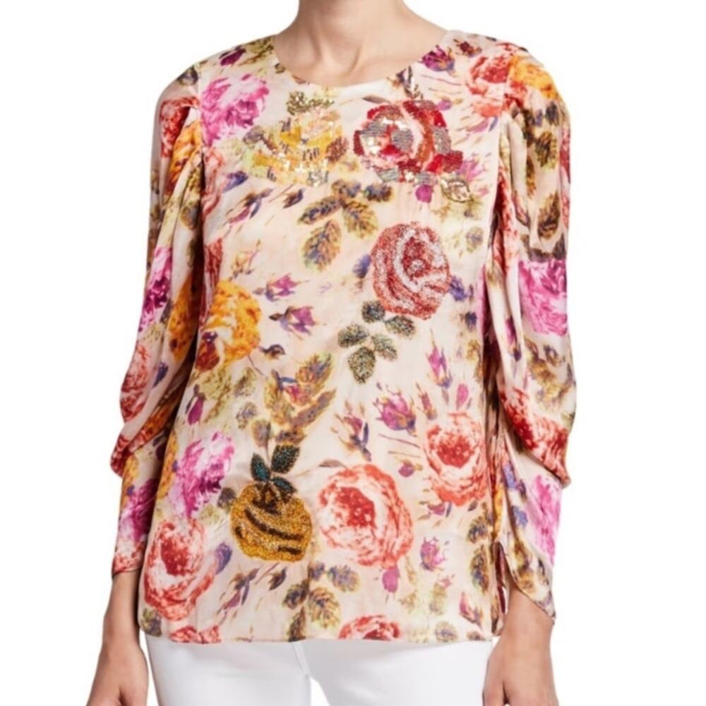 Kobi Halperin Haile Floral Blouse XS Multicolor w/ Gold Sequin Ruch Puff Sleeves